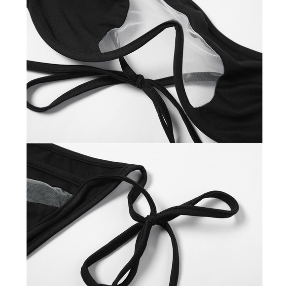 NEW! Black one shoulder asymmetric mesh cut out 2 piece bikini set; top & bottom - Picture 14 of 16